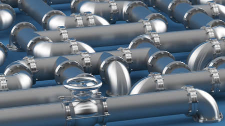 Lots of pipes bolted together at all angles. Metal pipes, wallpaper. 3d visualization.