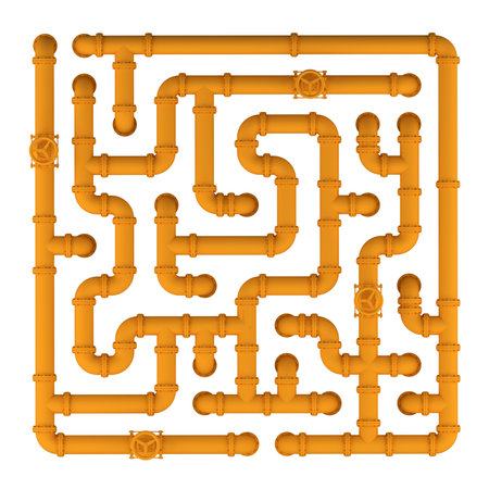 Oil pipes are isolated in the background. A maze and a QR code form made of colored pipes. 3d illustration.の写真素材