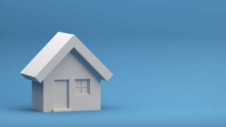 Miniature house, for real estate concepts and ecological construction. House icon on a blue background, 3d visualization.の写真素材