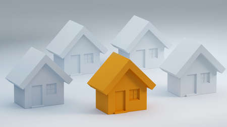 Miniature yellow house, for real estate concepts and ecological construction. House icon on a white background, 3d visualization.の写真素材