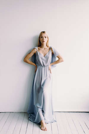 The girl is a model in a long princess dress, on a light background. Violet dress, in fine art style.の写真素材