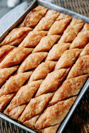 Pistachio baklava on a tray. Traditional Middle Eastern desserts.の写真素材