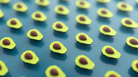 3d rendering, avocado cut in half with a bone. Polygonal green avocado pattern for healthy eating.の写真素材