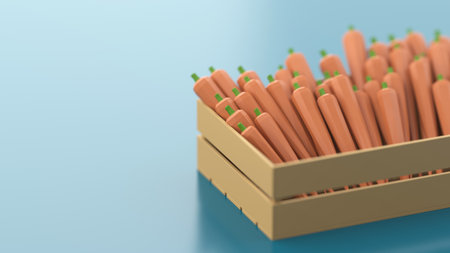 The concept of selling vegetables, healthy food, seasonal vegetables. 3d rendering. Wooden box with polygonal carrots on a blue background.の写真素材