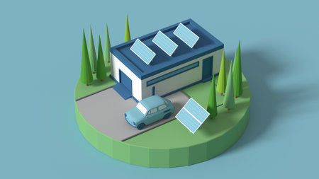 Solar panels for home and production, ecology is an energy-saving concept of obtaining free energy from the sun. Eco-friendly smart city, 3d rendering.の写真素材