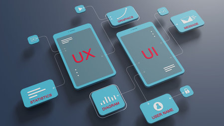 UX user interface flowchart, connection mode graphic designer, application process development, data prototype, website framework, mobile icon phone. The concept of user interaction. 3d rendering.の写真素材