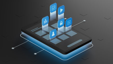 Viewing user interface screens with icons and statistics. Icons of applications for the phone, 3d rendering.の写真素材