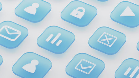 A set of flat icons, mail, statistics, interface for the background. 3d rendering of blue icons.の写真素材