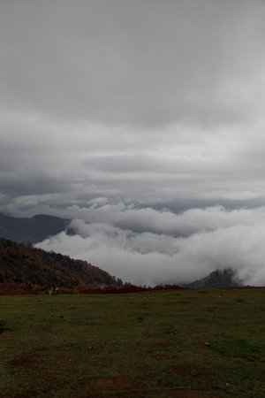 The breathtaking Misty Landscape features an enchanting scene with clouds and an overcast sky