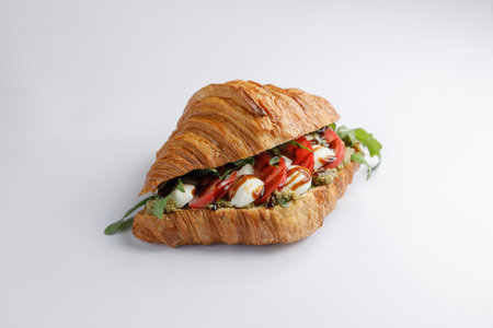 Here is a detailed closeup of a delicious sandwich served on a flaky croissant, beautifully presented on a clean white surfaceの写真素材