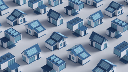 Discover Modern Sustainable Homes with Solar Panels in a Community promoting ecofriendly livingの写真素材