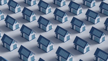 Sustainable Homes featuring Solar Panels within a Contemporary Modern Community Settingの写真素材