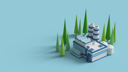 A stylized industrial building that is beautifully surrounded by lush trees and greeneryの写真素材