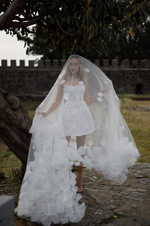 An Elegant Bride with a Unique Veil Gracing an Outdoor Setting on Her Special Dayの写真素材