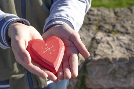 A boy holds and shows a wooden red heart in his hand, being in a park among trees on a sunny Valentine's Day and Mother's Dayの写真素材