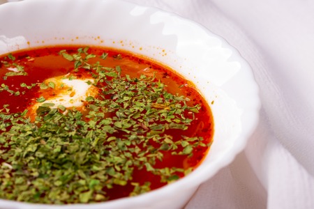 Russian and Ukrainian borsch with sour cream and parsley. White towel beautiful towel. Photo for the menu.の写真素材