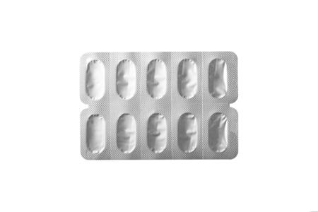 Packaging of medical capsules isolated on white background.