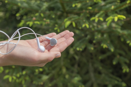 White headphones in the hand of a teenager on the background of coniferous trees in the park. The concept of rest and relaxation in natureの写真素材