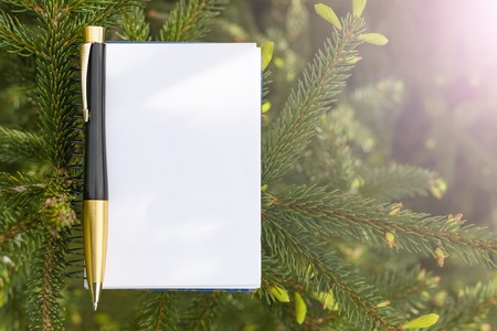Notepad and black and gold pen on the background of a coniferous fir tree. The concept of working and studying in the park in nature. Sun flare in the upper right cornerの写真素材