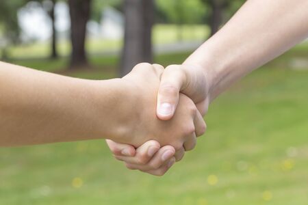 Handshake of two young people in the summer in the park on a background of green grass and trees....