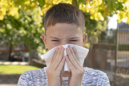 Teenager boy blows his nose in a paper handkerchief on a background of vegetation in a park. Allergy to pollen and fluの写真素材