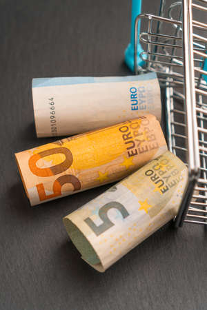 Shopping cart with euro banknotes on a dark background. Finance conceptの写真素材