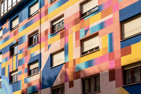 Oviedo, Spain, Asturias - August 2020: Close-up bright painted building on the street of Oviedo in Spainのeditorial素材