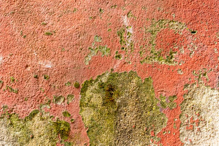 Mottled textured painted peeling cement old wall with stains of peeled paint. Abstract vintage...
