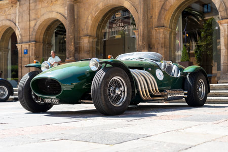 Oviedo, Spain - July 01, 2022: Retro sport car Jaguar Ronart W152. Green vintage antique automobile. Show near the Reconquista hotel.のeditorial素材