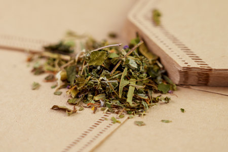 Dried herbal green tea on a new biodegradable infuser bags close up