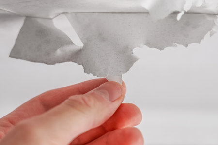 Removing a layer of old white paint from the ceiling by hand close-up. Peeling white wash