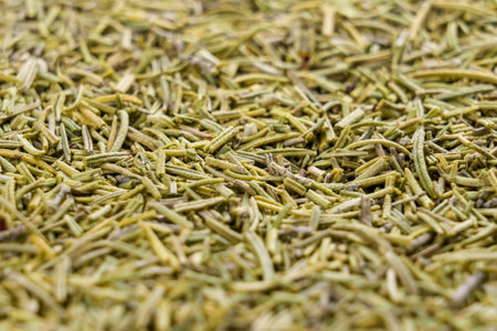 Organic Dried Rosemary Spice. Dry herb fragrant needle-like leaves seasoning. Macroの写真素材