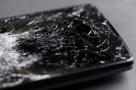 Black smashed crushed mobile phone with broken cracked display. Macro