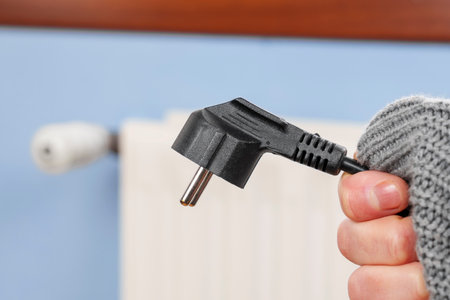 Disconnected electric plug of a convector heater in a frozen hand in a warm sweater in a room in...