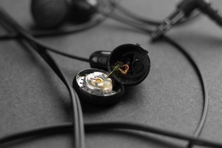 Broken black headphones on a dark gray background. Damaged crushed earphones. Cheap faulty electronic devices conceptの写真素材