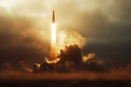 Takeoff from the spaceport of a spaceship in clouds of red smoke. Generative AIの素材