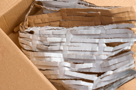 Cardboard box full of cut packaging paper material for parcel protection.