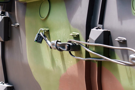 Padlock securing a military vehicles door. The automobile is painted in a camouflage pattern. Peace...