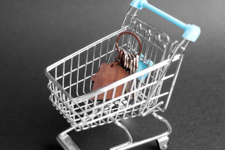 Wooden house shaped keychain with metal home keys in store shopping cart on black background. Buying real estate conceptの写真素材