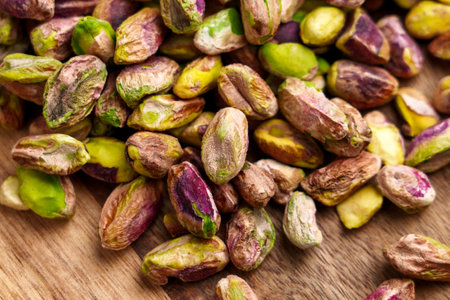 Shelled pistachio nuts on a wooden surface.