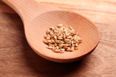 Grains in wooden spoon close up