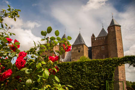 Medieval Assumburg castle in the Dutch town of Heemskerk seen through red flowers.のeditorial素材
