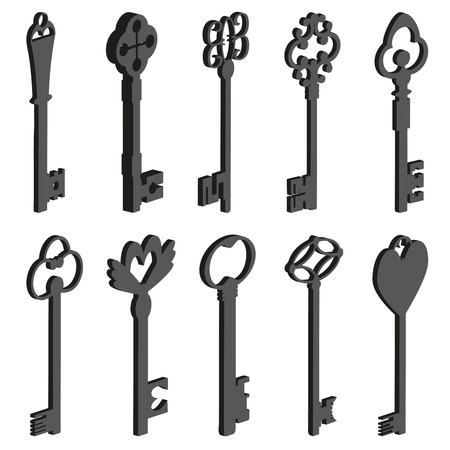 vector set of vintage keys pseudo 3d silhouetteのイラスト素材