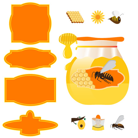 vector honey jar, labels and design elements for beekeeping industryのイラスト素材