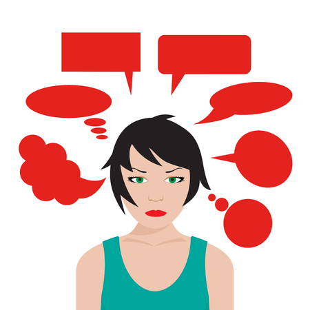 woman with speech bubbles around the head. vector formatのイラスト素材