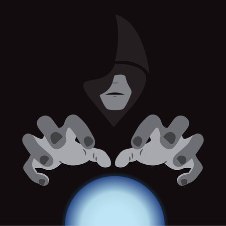 vector illustration of a dark sorcerer in hood with blue crystal ball.のイラスト素材