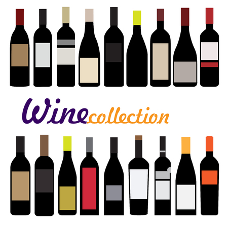 wine bottle vector illustration. collection of black bottles with color labelsのイラスト素材