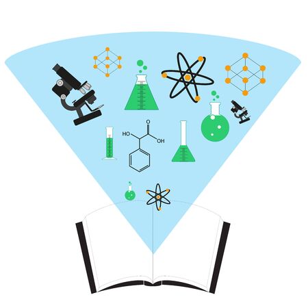 vector illustration ofscience book icon. book with holographic cloud inclusive sience symbolsのイラスト素材