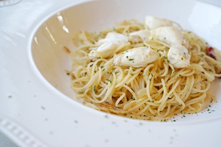 Spaghetti with crab meat, Selective Focusの写真素材