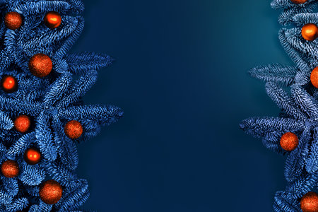 Christmas and New year blue flat lay with orange balls on Christmas tree. Flat lay, top view, copy space.の写真素材